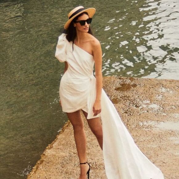 Sachin & Babi Dorien Puffed One-Shoulder Bow Train Wrap Mini Dress NWT $398 - Picture 3 of 8